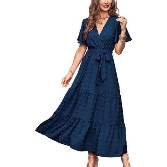 Women Boho Swiss Dot Maxi Dresses V Neck Flutter Short Sleeve Flowy Long Dresses - Picture 1 of 6